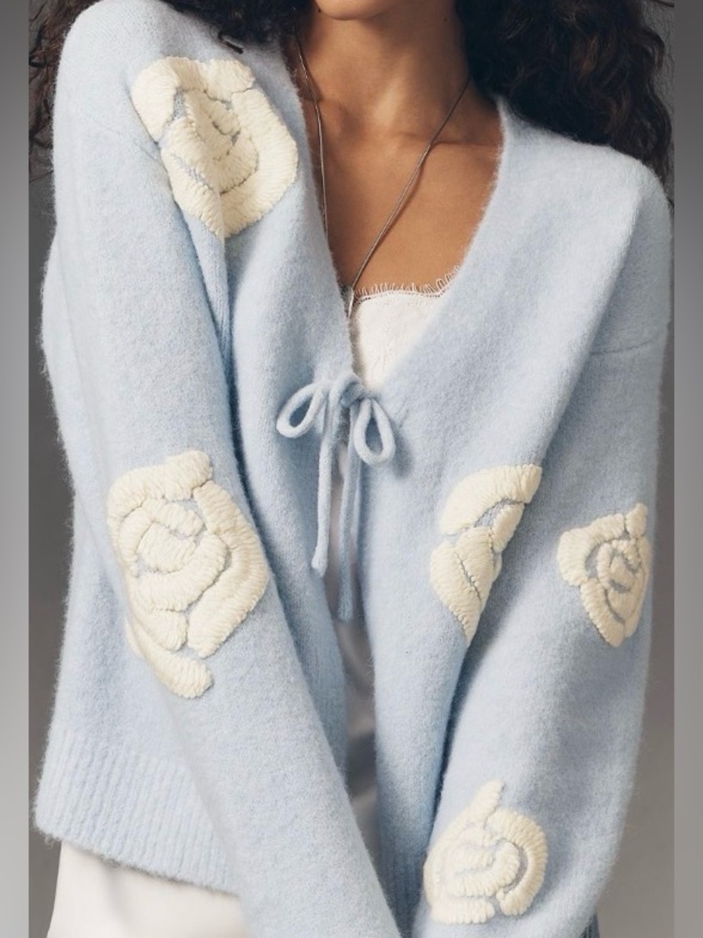 NWOT Anthropologie Flat White Embroidered Flower Cardigan Sweater